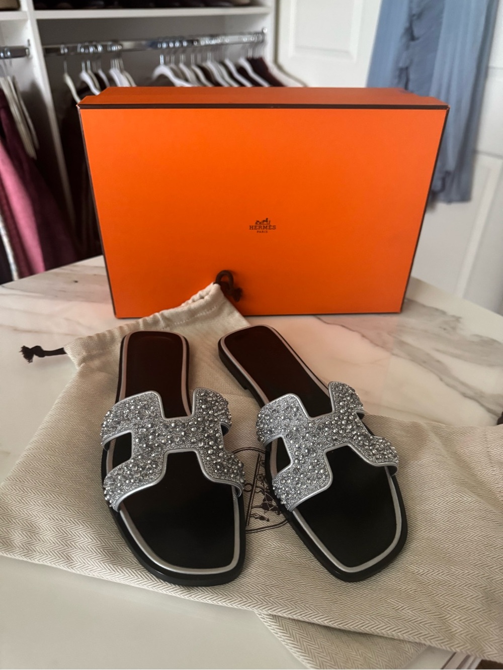 Hermes Black Slide Sandals with Silver Crystal H Straps